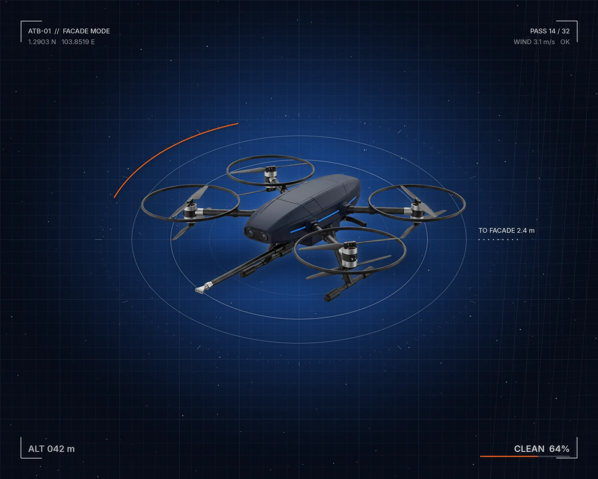 ATOBU façade-cleaning drone over a blue technical scan display
